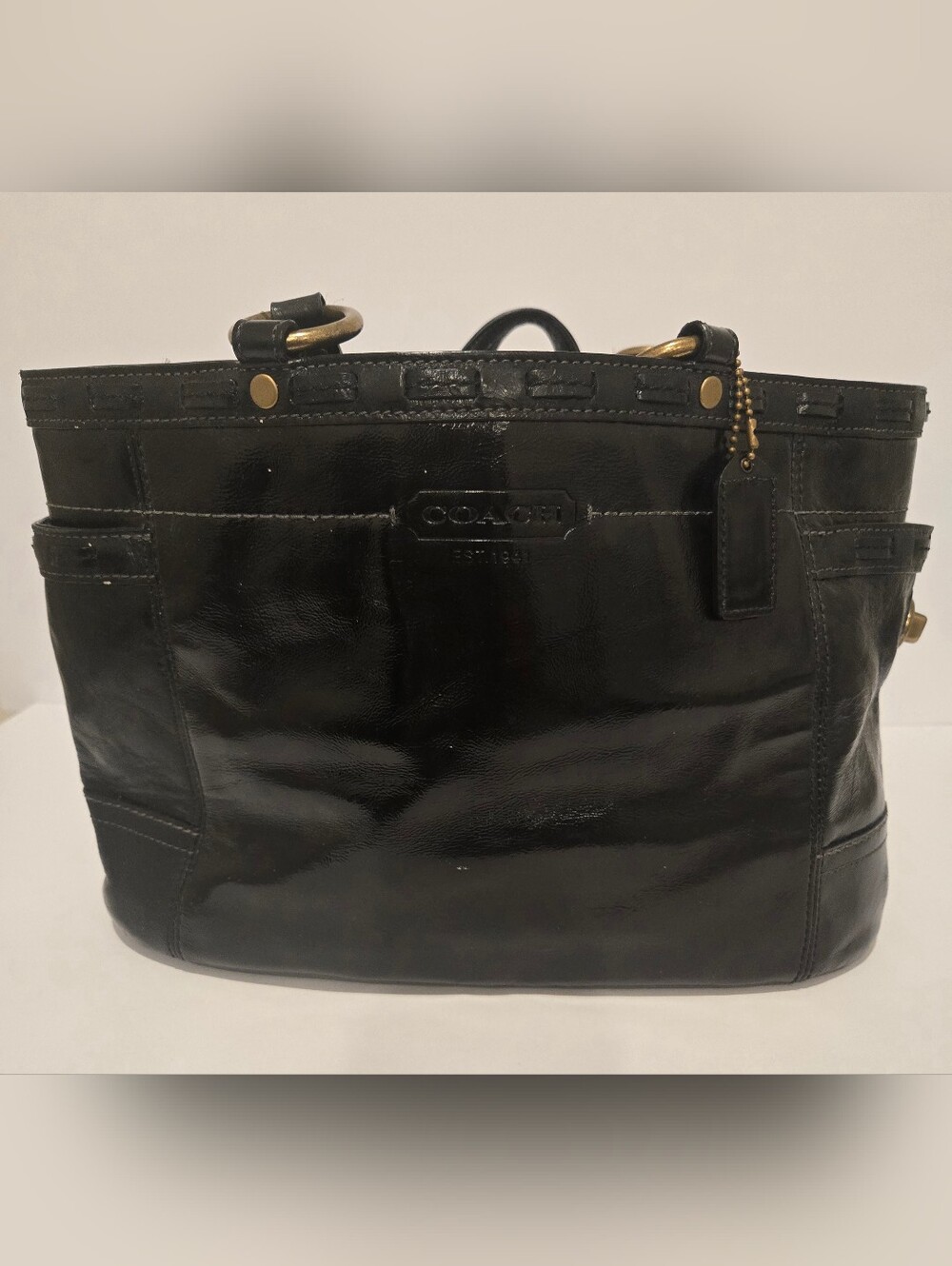 Coach Black Patent Leather Tote Bag Brass Hardware Style 11500